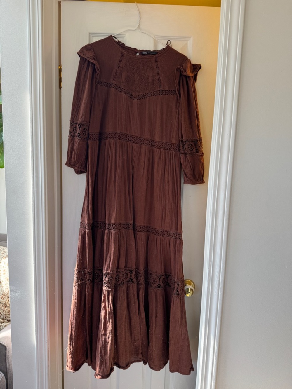 Zara Brown Lace-Trim Maxi Dress